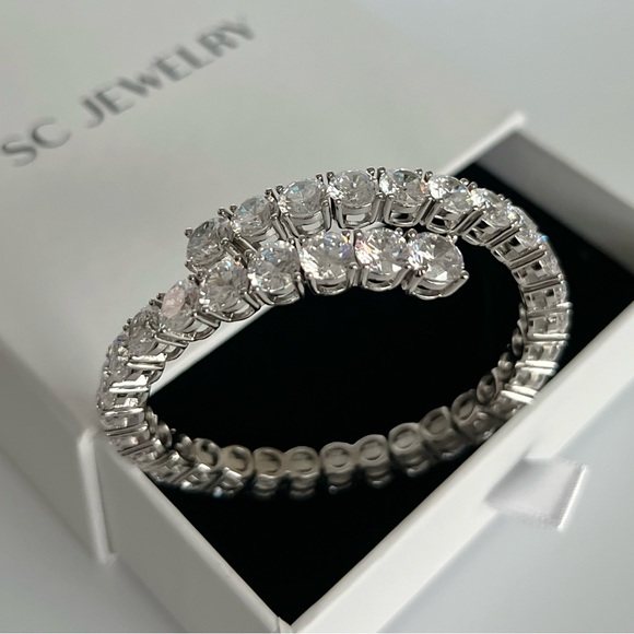 Silver Bracelet Real Crystal Adjustable Cuff Platinum Plated Luxury Jewelry - Picture 10 of 13
